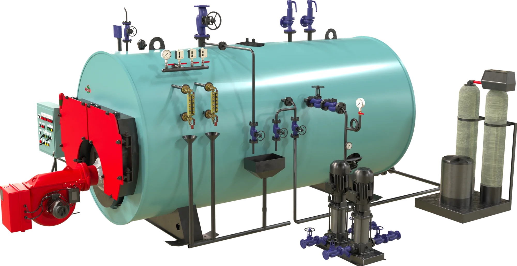TANSU steam boiler, complete: burner, boiler, pump unit and water treatment